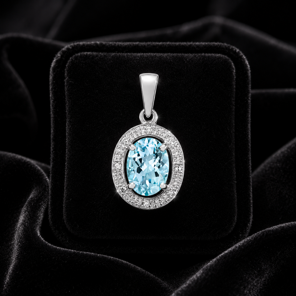 Oval Aquamarine Diamond Pendant 9ct White Gold 375 Hallmarked Chain Lengths