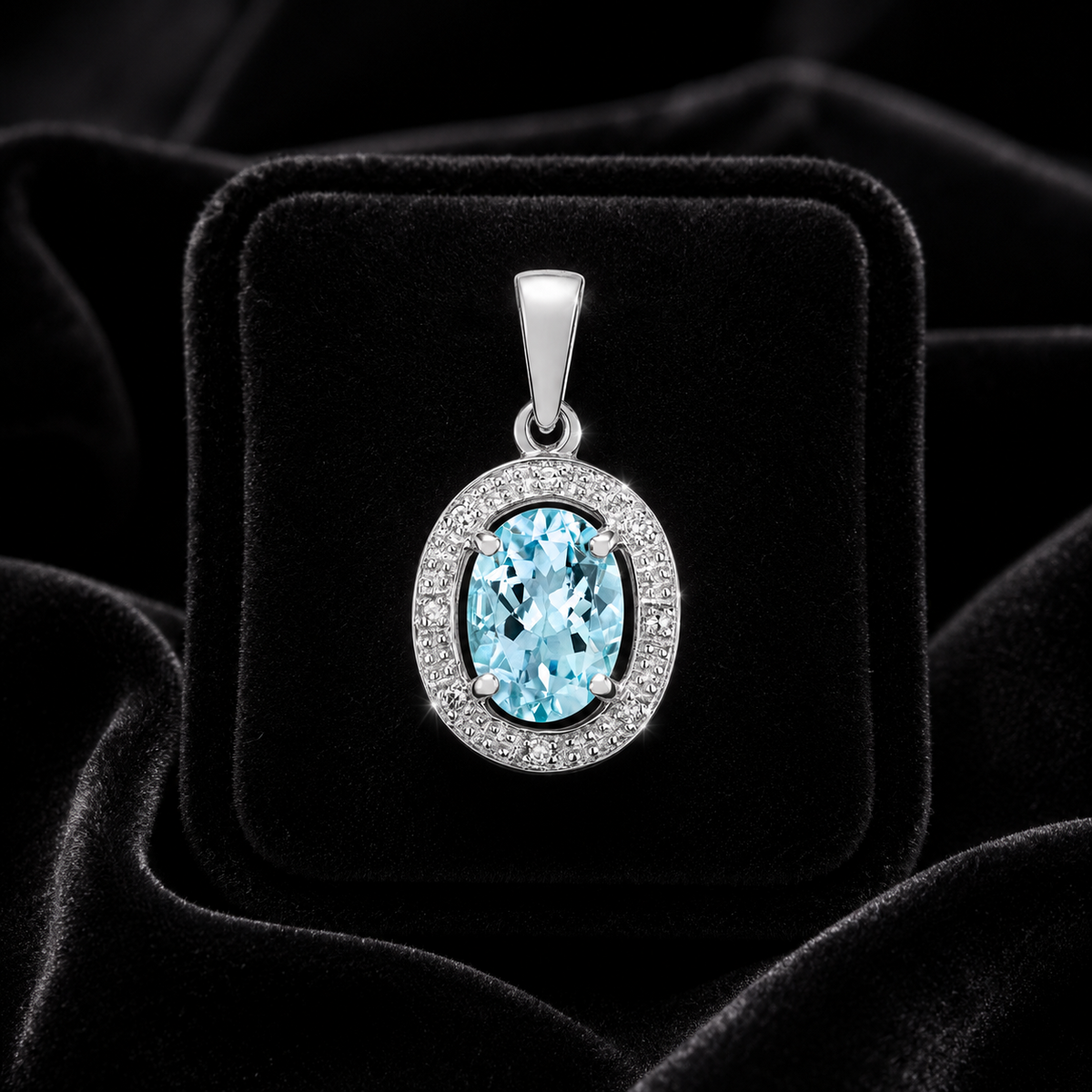Oval Aquamarine Diamond Pendant 9ct White Gold 375 Hallmarked Chain Lengths