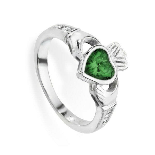 Sterling Silver Emerald Ring Claddagh May Stone 925 Hallmarked Size J - R