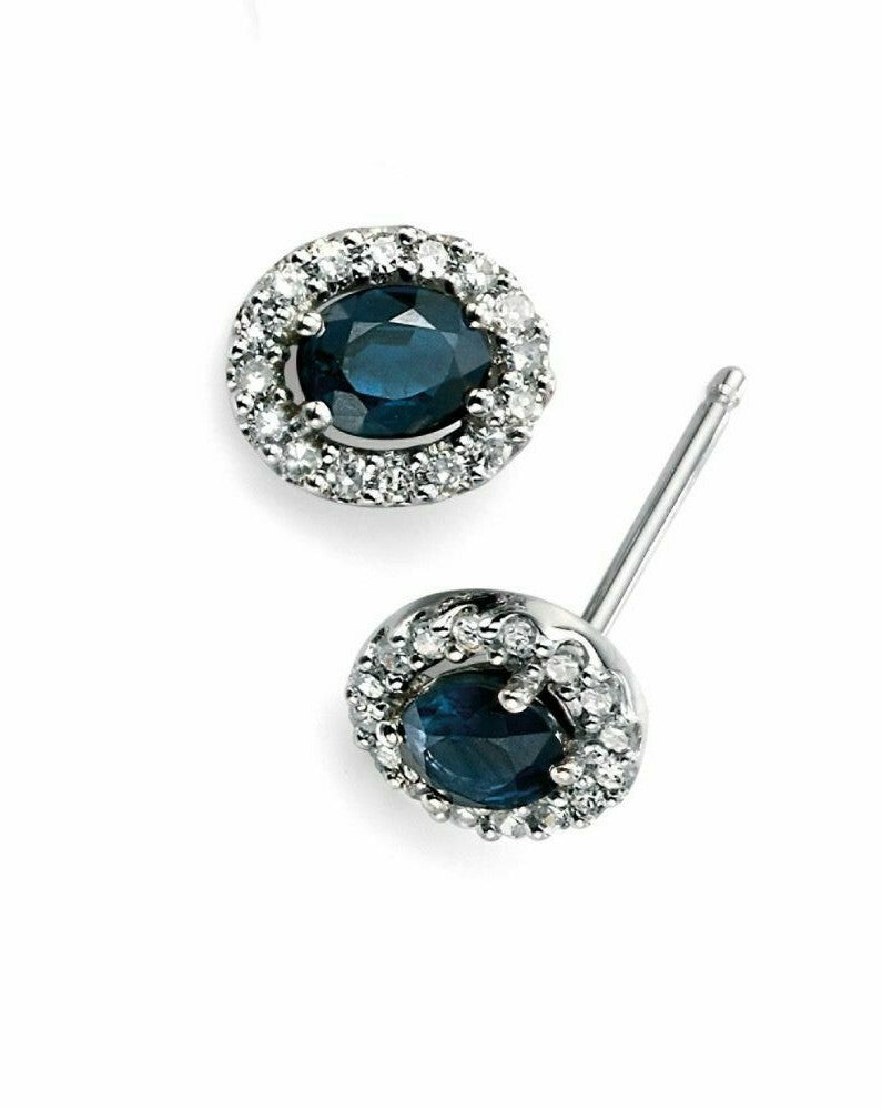 Blue Sapphire Earrings with Diamond Cluster Surround in 9ct White Gold