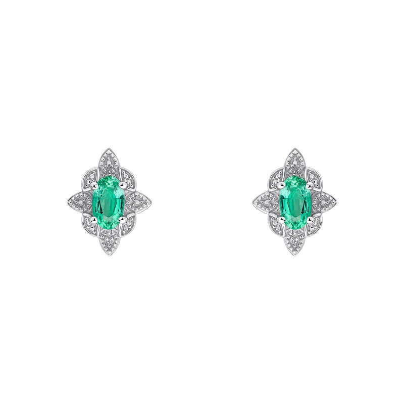 Oval Emerald Vinatge Stud Earrings 9ct White Gold 375 Hallmarked British Made