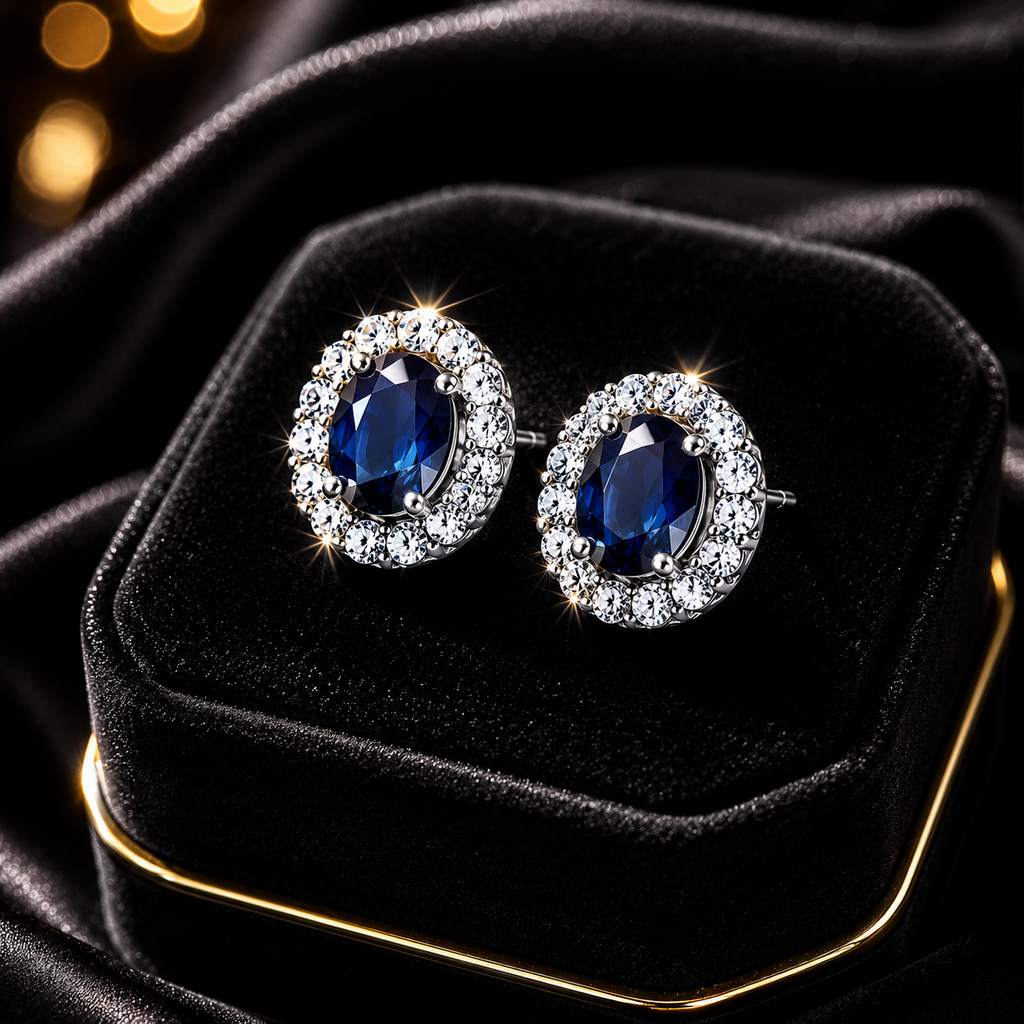 Blue Sapphire Earrings with Diamond Cluster Surround in 9ct White Gold