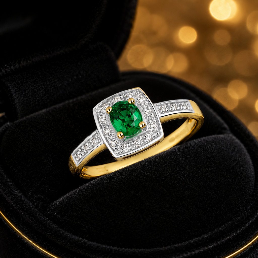 Oval Emerald Diamond Ring 9ct 2 Tone Gold 375 Hallmarked Sizes J - Q