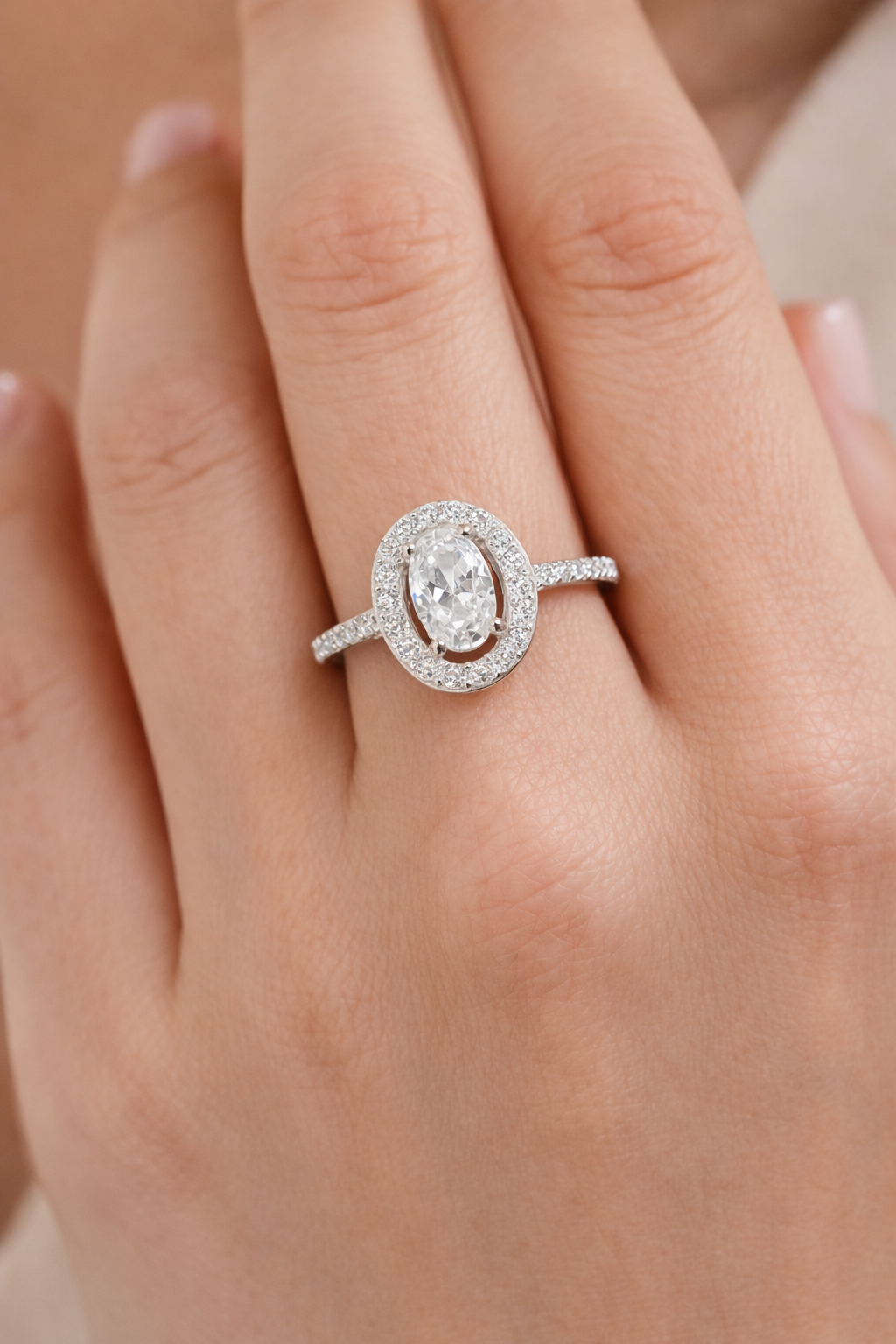 Sterling Silver Halo Ring Oval Engagement Gemstone 925 Hallmarked Size J - T