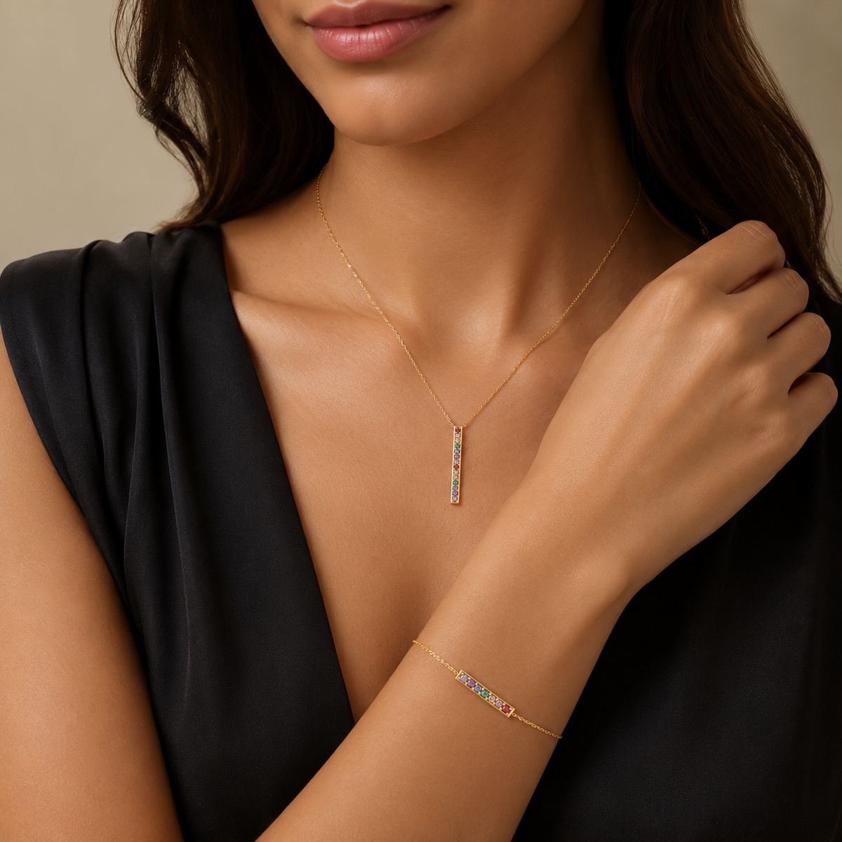 Rainbow Bar Necklace and Bracelet Set 9ct Yellow Gold 375 Hallmarked Brand New