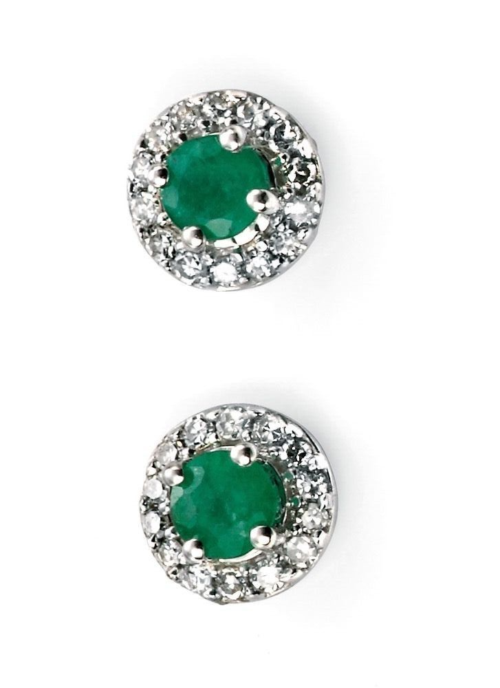 Emerald And Diamond Halo Stud Earrings 9ct White Gold 375 Hallmark British Made