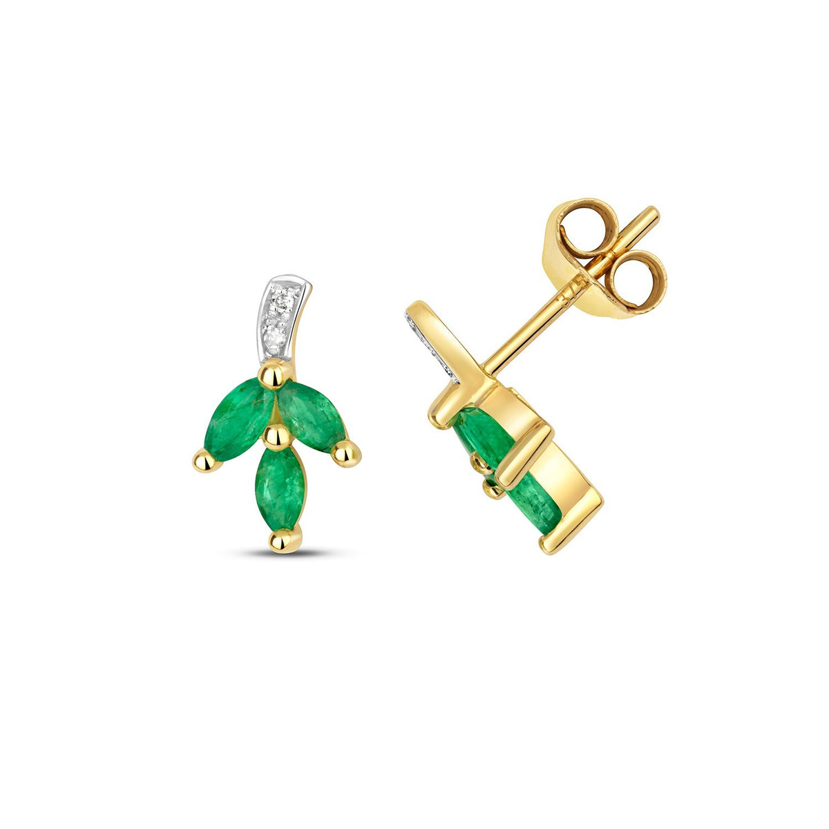 Emerald Floral Diamond Stud Earrings 9ct Yellow Gold 375 Hallmarked British Made