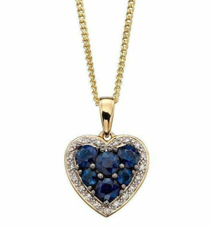 Sapphire and Diamond Heart Pendant 9ct Yellow Gold 375 Hallmarked British Made