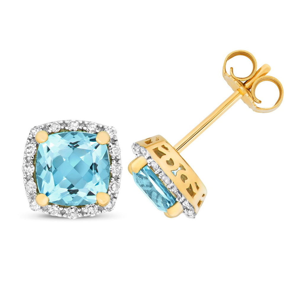 Halo Cushion Blue Topaz Diamond Earrings 9ct Multi Tone Gold 375 Hallmarked