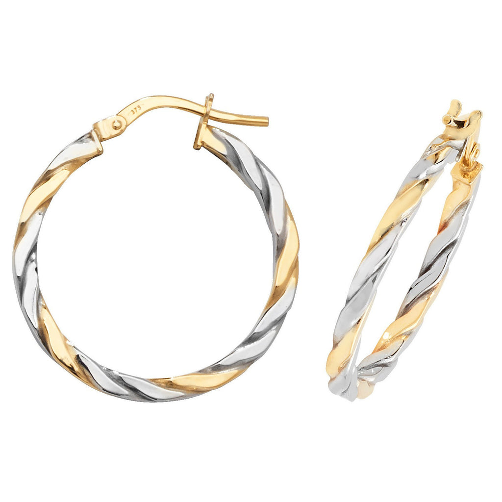 9ct White/Yellow Gold Ribboned Hoop Earrings 375 Hallmarked 8mm - 30mm Diameter