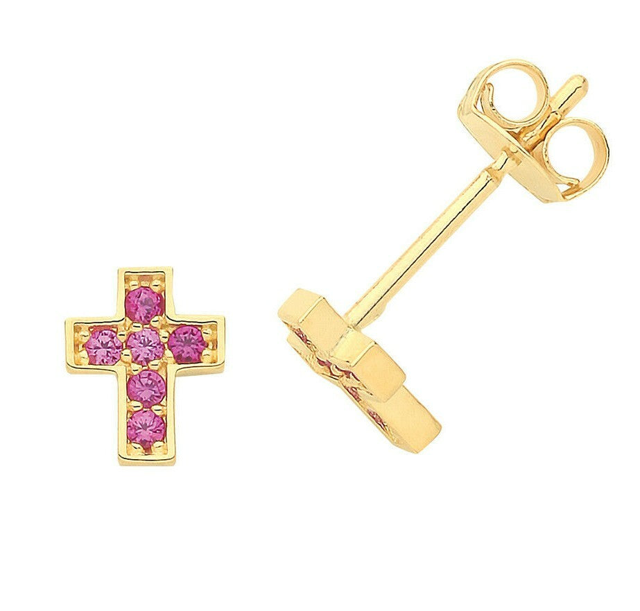 Yellow Gold Ruby Earrings Cross Stud Natural Stone 375 9 Carat New Boxed