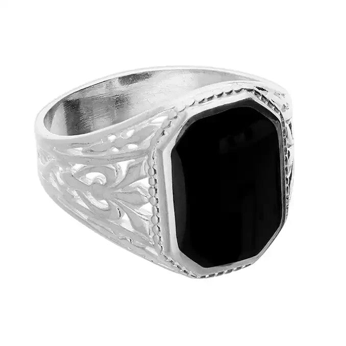 Sterling Silver Gents Ring Onyx Fancy Design Hallmarked Size S - W British Made