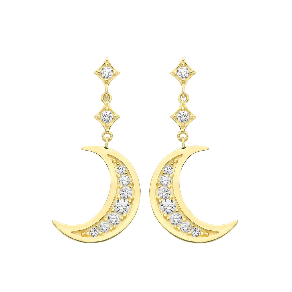 Moon Drop Dangle Earrings Hallmarked 9ct Yellow Gold British Made Brand New 