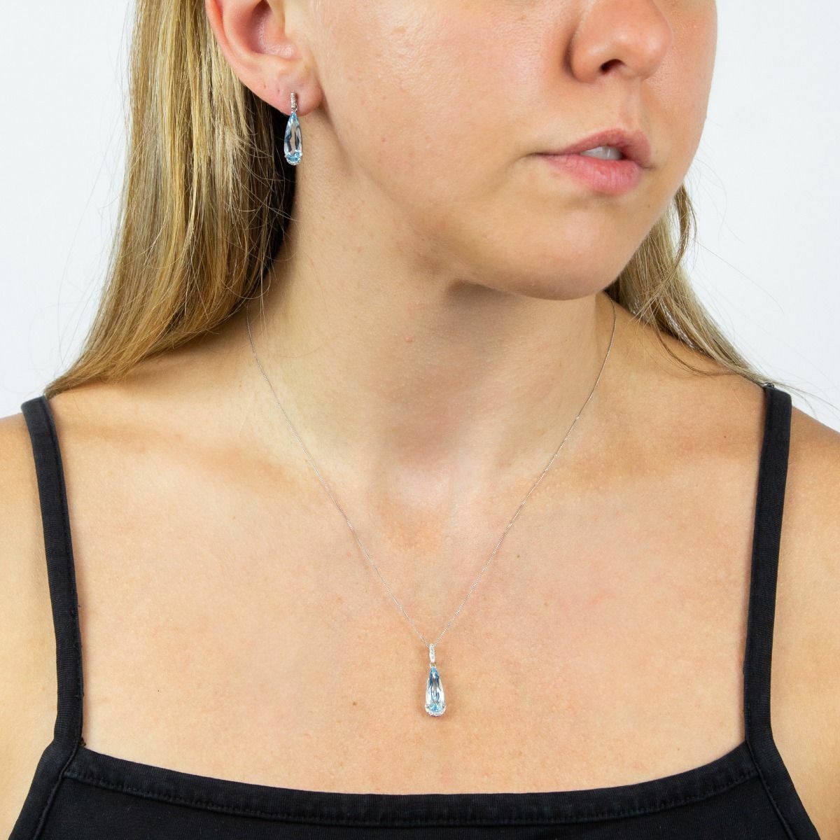 Elongated Natural Blue Topaz Teardrop Earrings with Diamond White Gold Brand New