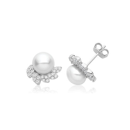 Pearl & Leaf Cluster Stud Earrings Sterling Silver 925 Hallmarked British Made