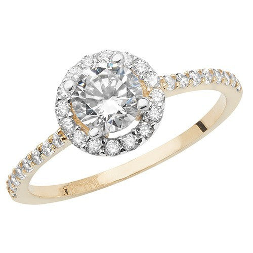 Halo Engagement Ring 9ct Yellow Gold 375 Hallmarked Sizes J - S British Made