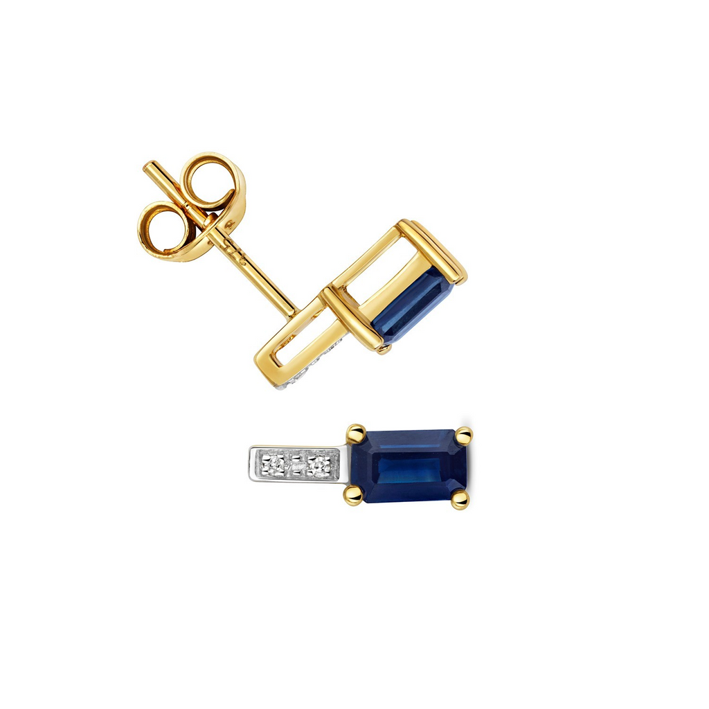 Natural Sapphire Baguette Diamond Stud Earrings 9ct Yellow Gold 375 Hallmarked