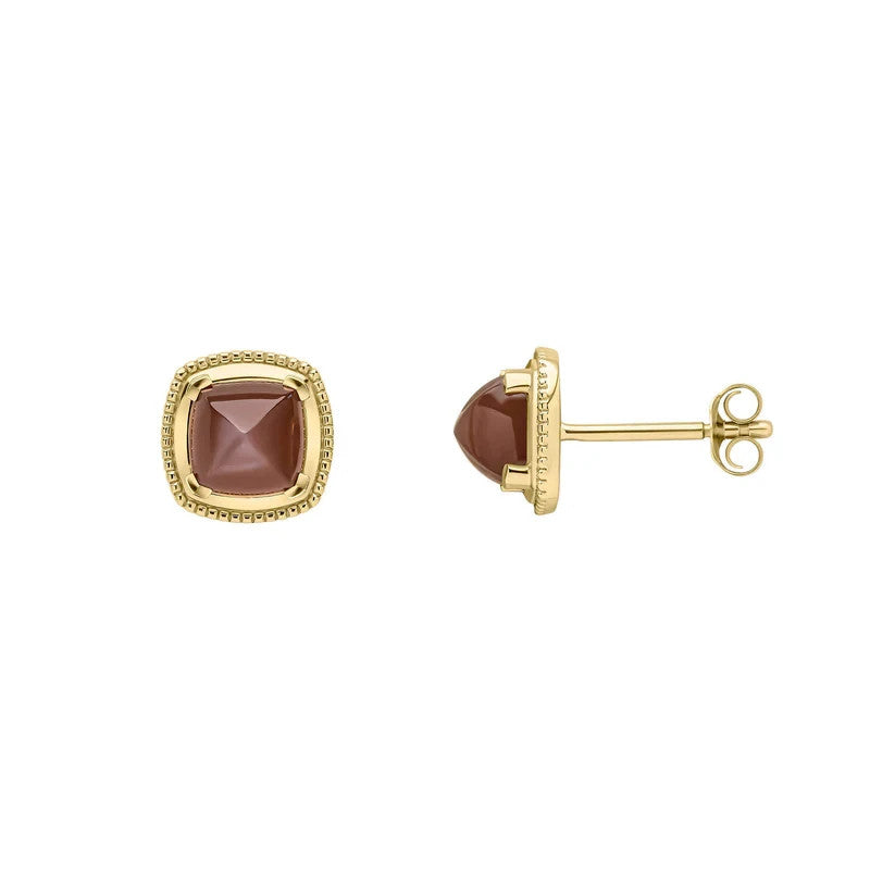 Cushion Moonstone Stud Earrings 9ct Yellow Gold 375 Hallmarked British Made