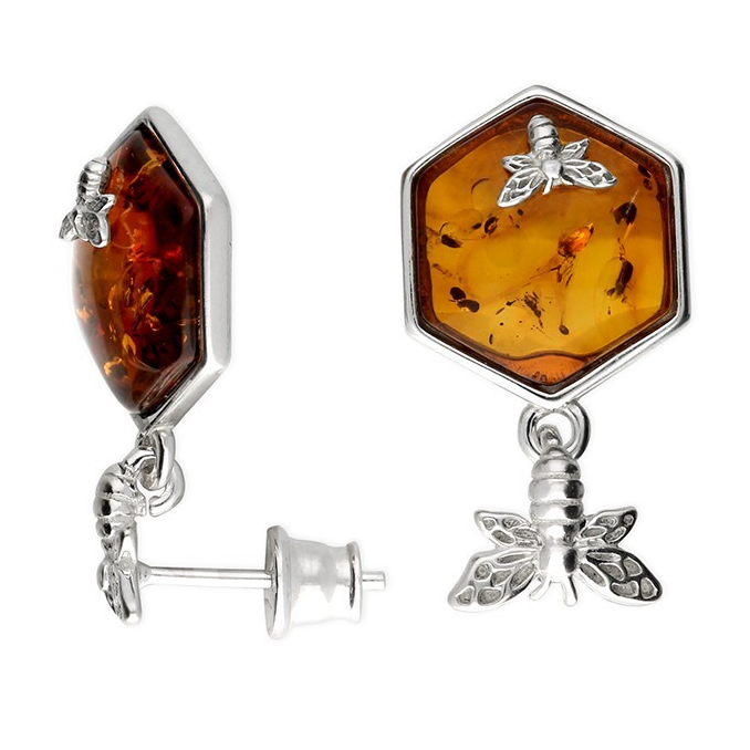 Amber Bee Drop Earrings Sterling Silver 925 Hallmarked British Made Brand New