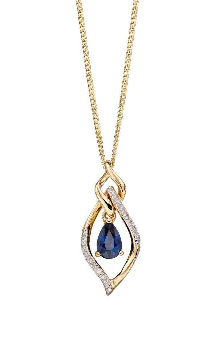 Diamond and Sapphire Pendant Pear 9ct Yellow Gold Hallmarked British Made