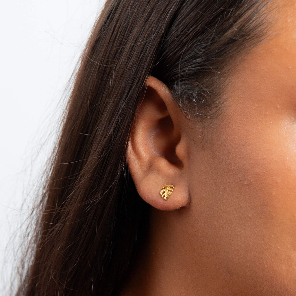 Monstera Leaf Stud Earrings Yellow Gold Plated Hallmarked British Made Brand New