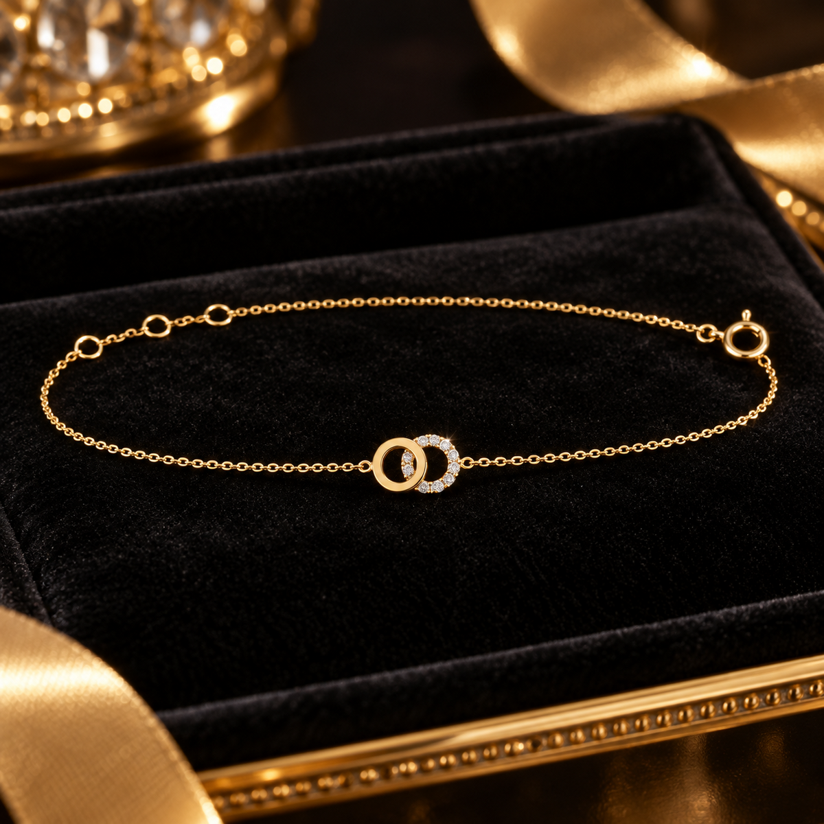 Ladies Pave Double Circle Bracelet 9ct Yellow Gold 375 Hallmarked British Made