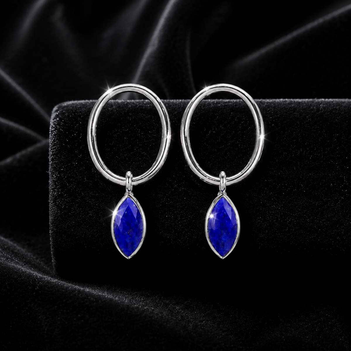 Marquise Lapis Lazuli Hoop Earrings Sterling Silver 925 Hallmark Brand New Boxed