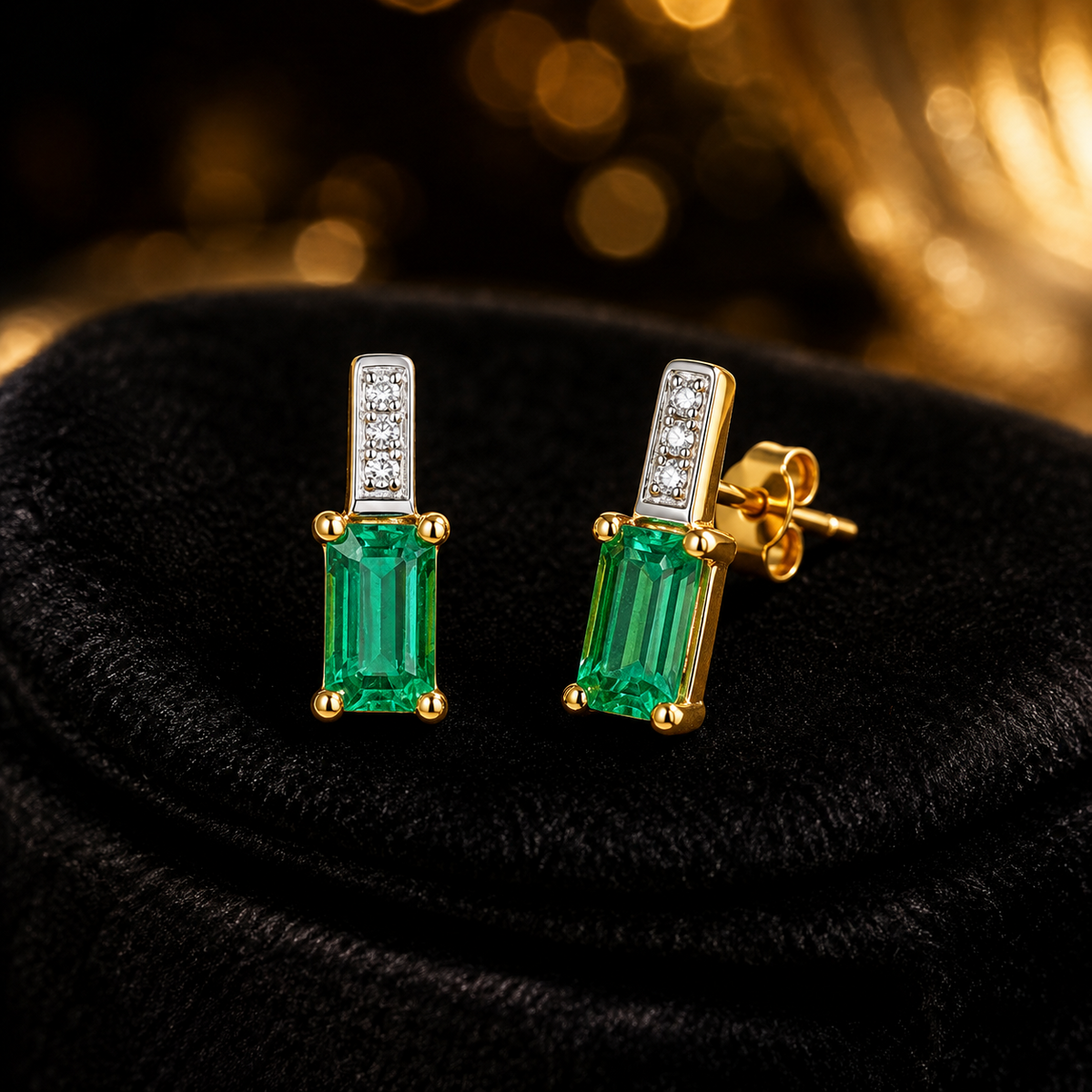 Emerald Baguette Diamond Stud Earrings 9ct Yellow Gold 375 Hallmark British Made