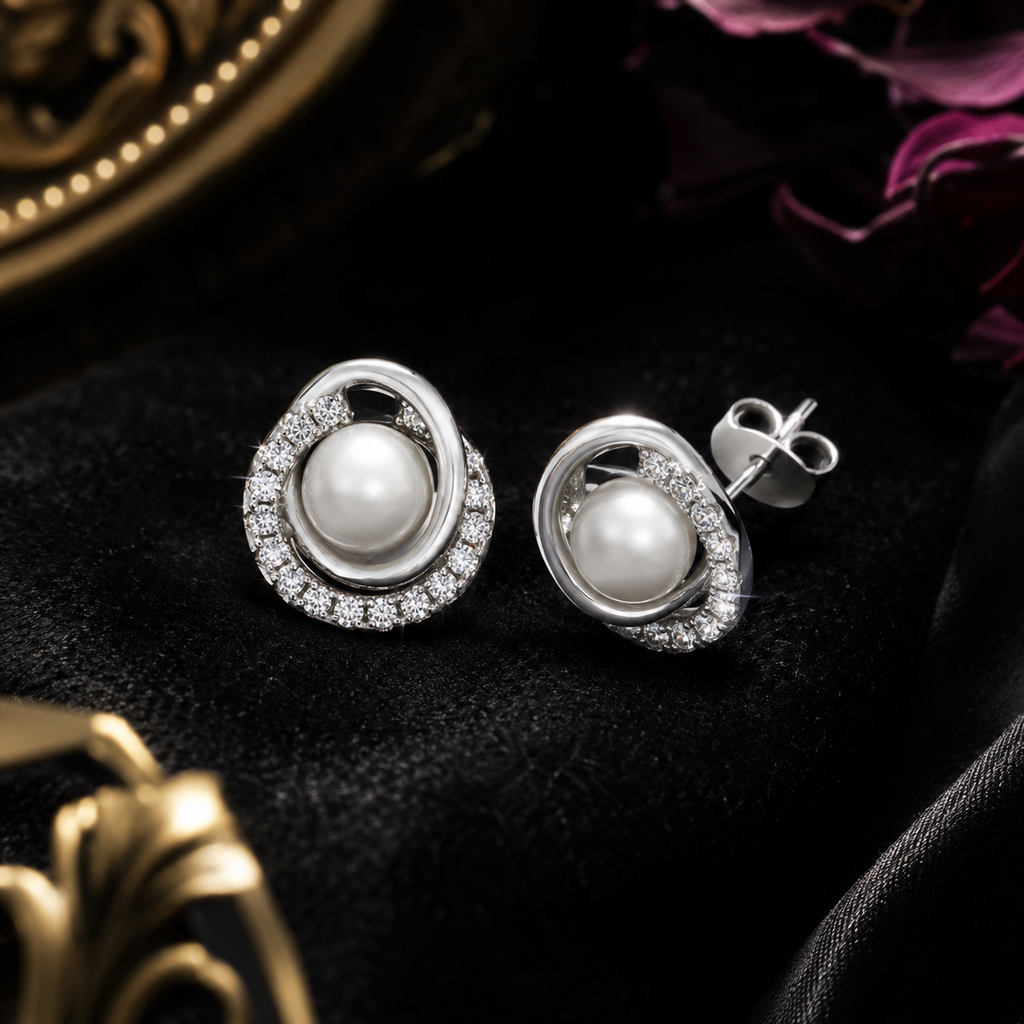 Pearl Swirl Halo Stud Earrings Sterling Silver 925 Hallmarked British Made