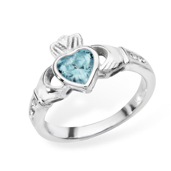 Sterling Silver Aquamarine Ring Claddagh March Stone 925 Hallmarked Size J - R