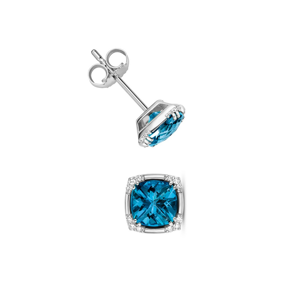 Natural Halo Blue Topaz Diamond Earrings 9ct White Gold 375 Hallmarked