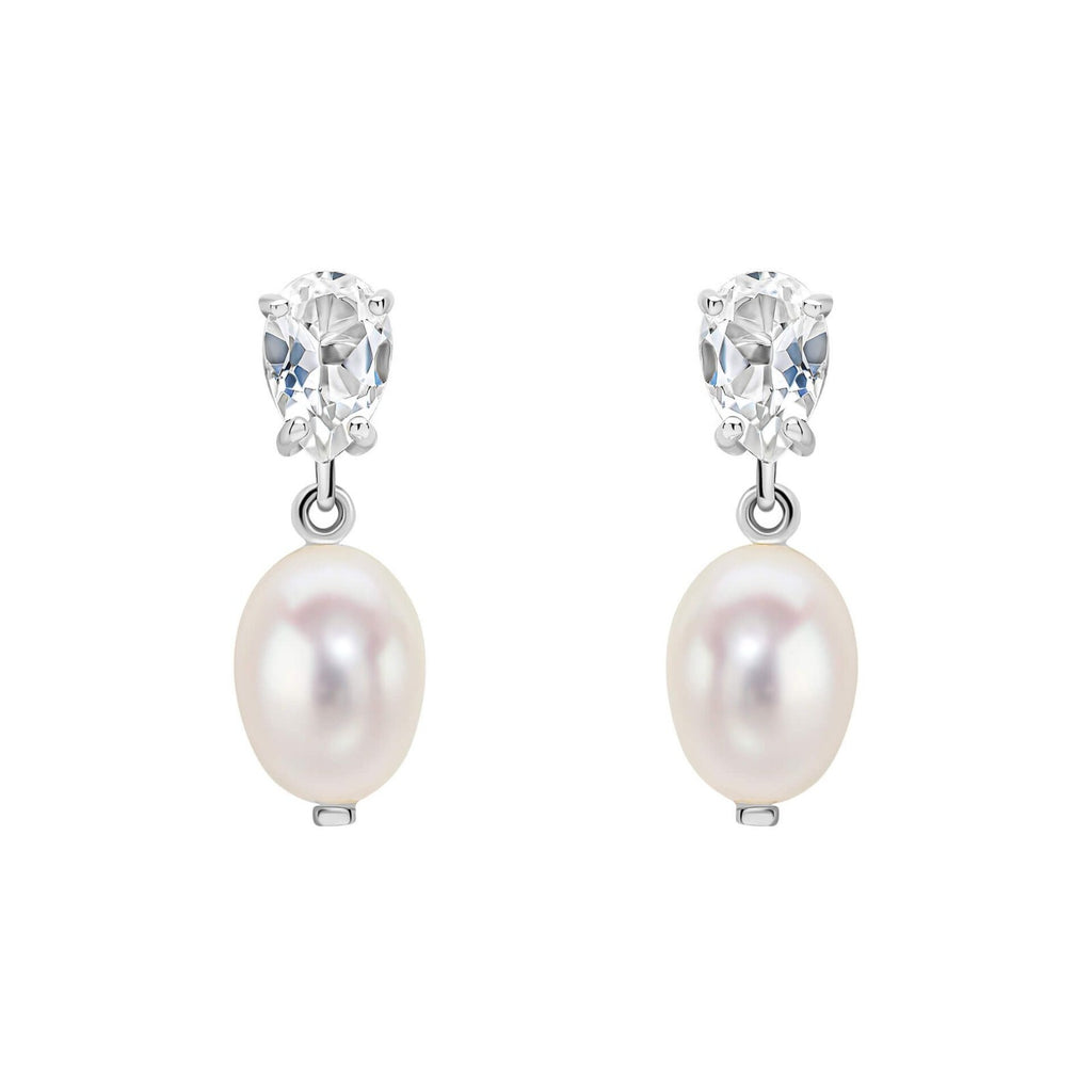 Baroque Pearl And Topaz Drop Earrings British Made 9ct White Gold 375 Hallmarked