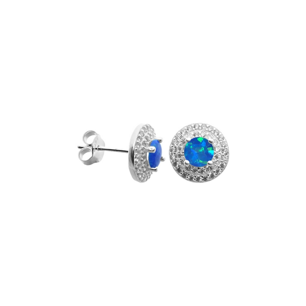 Natural Blue Opal Halo Stud Earrings Sterling Silver 925 Hallmarked Brand New