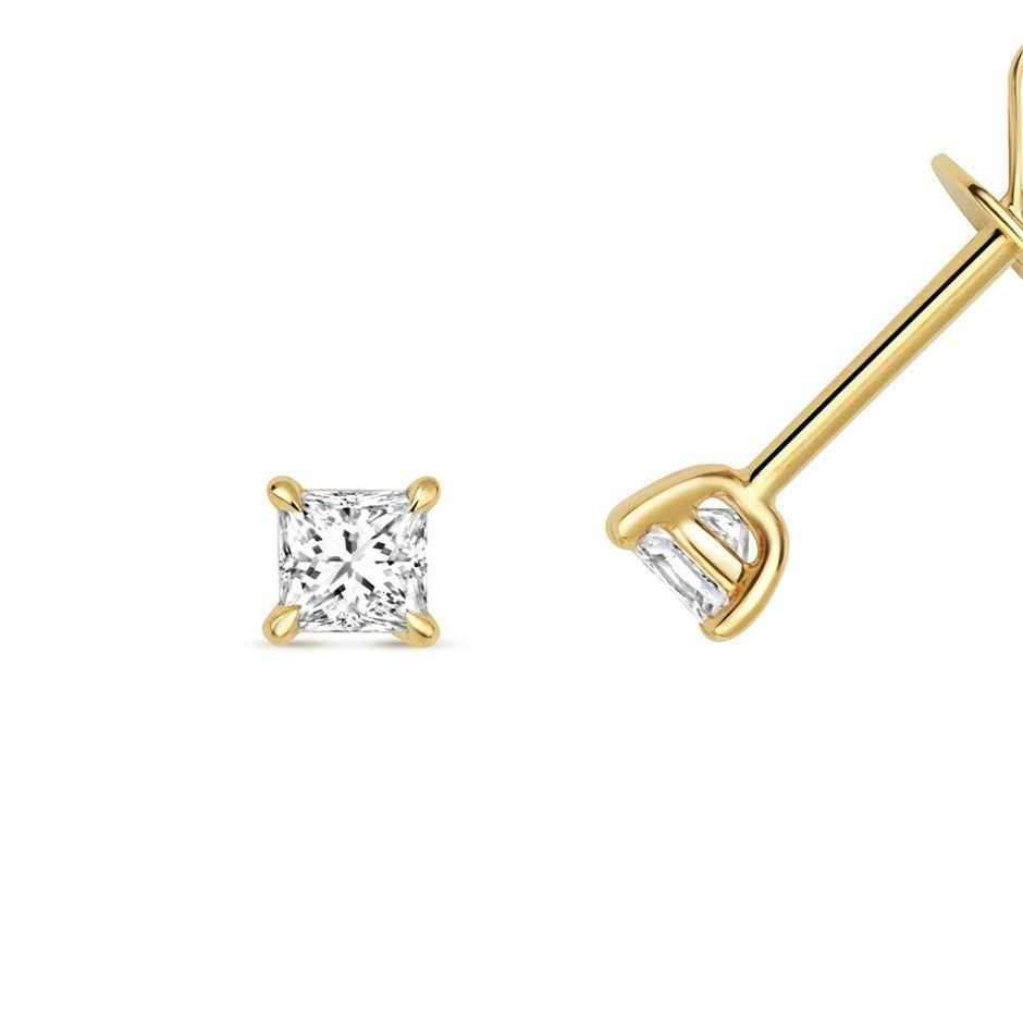 Natural Diamond Princess Stud Earrings 18ct Yellow Gold Hallmarked British Made