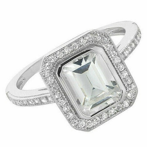 Sterling Silver Halo Ring Engagement Emerald Cut Gemstone 925 Hallmark Size M-R