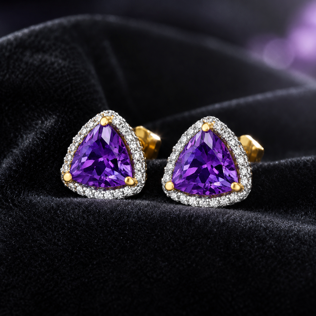 Natural Trillion Amethyst Diamond Earrings 9ct Multi Tone Gold 375 Hallmarked