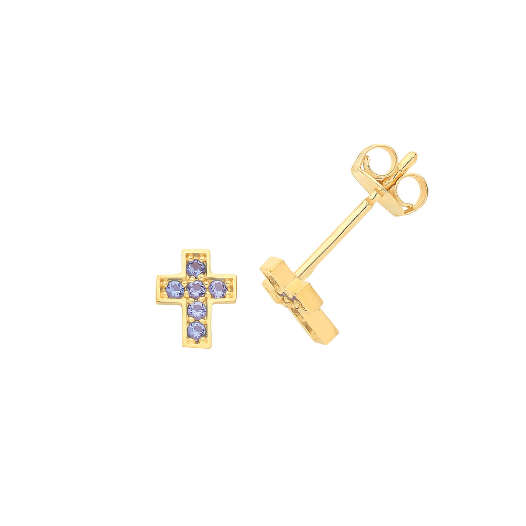 Sapphire Cross Stud Earrings Yellow Gold Natural Stone 375 Hallmarked New Boxed