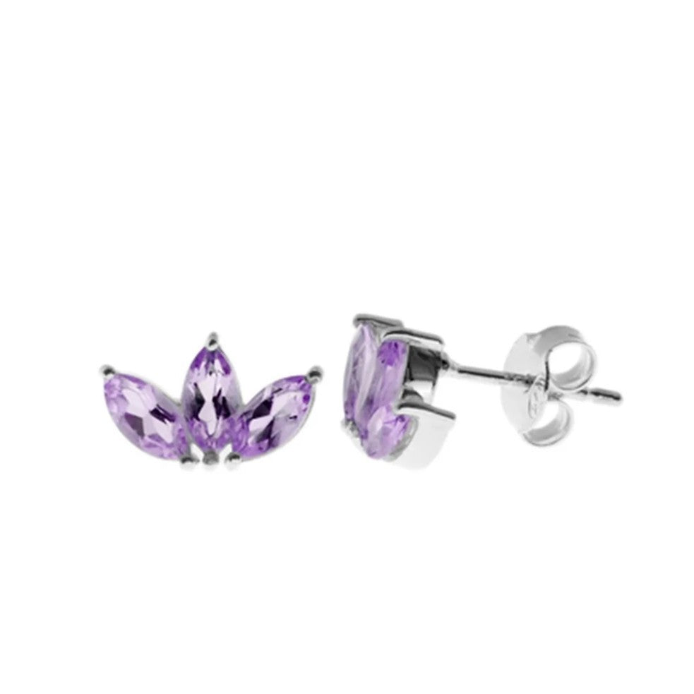 Lotus Flower Natural Amethyst Stud Earrings Sterling Silver 925 Hallmarked