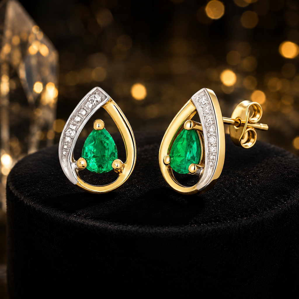 Emerald Teardrop Diamond Stud Earrings 9ct Multi Gold 375 Hallmark British Made