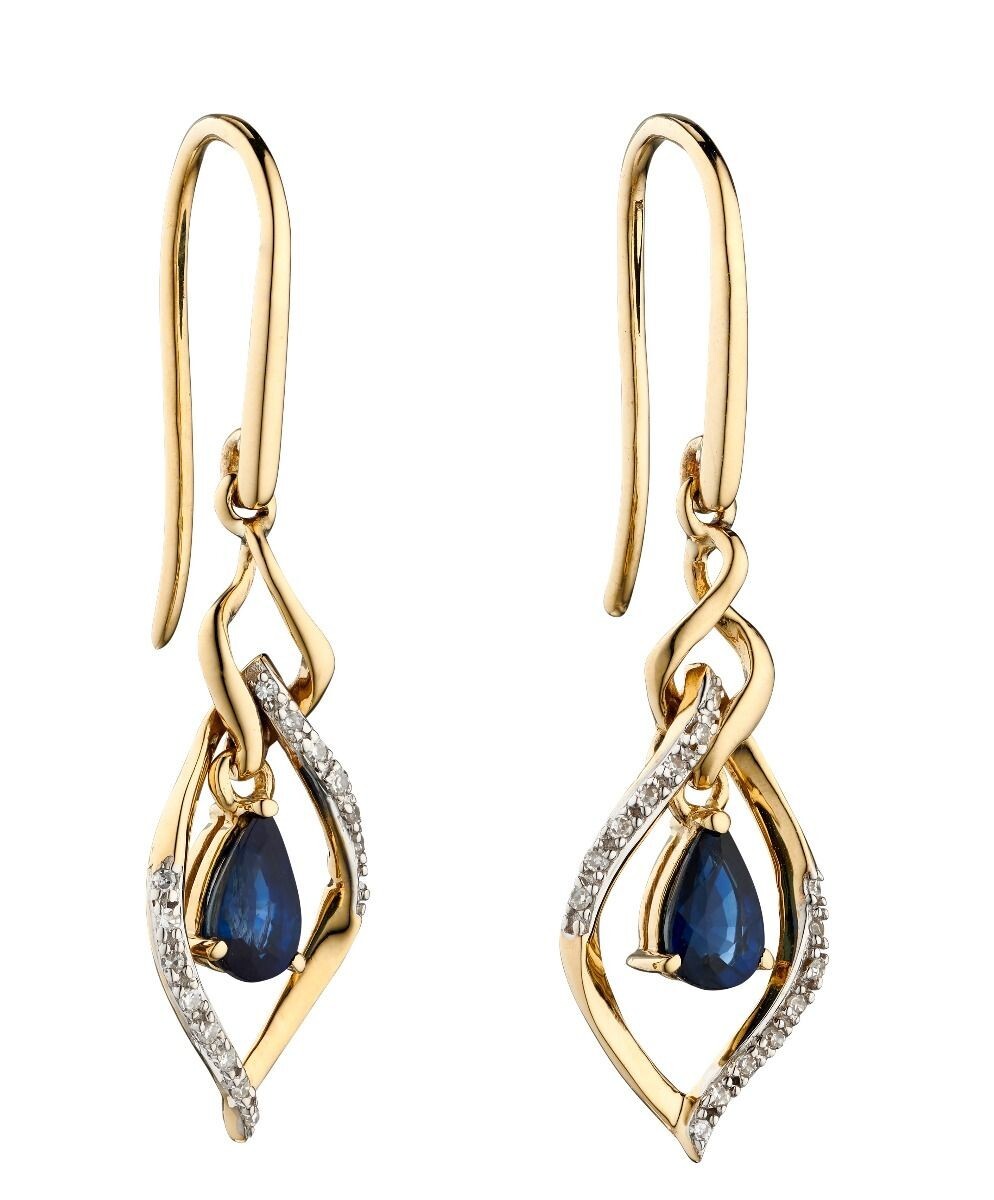 Marquise Sapphire/Diamond Drop Earrings 9ct Gold 375 Hallmarked British Made