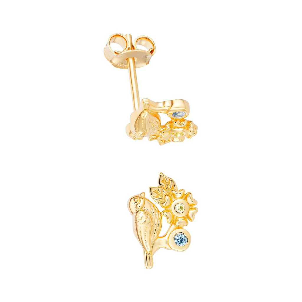 Aquamarine Bird Stud Earrings 9ct Yellow Gold Plated Hallmarked British Made