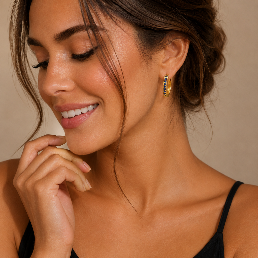 9ct Yellow Gold Sapphire Hoop Earrings British Made 375 Hallmark Brand New Boxed
