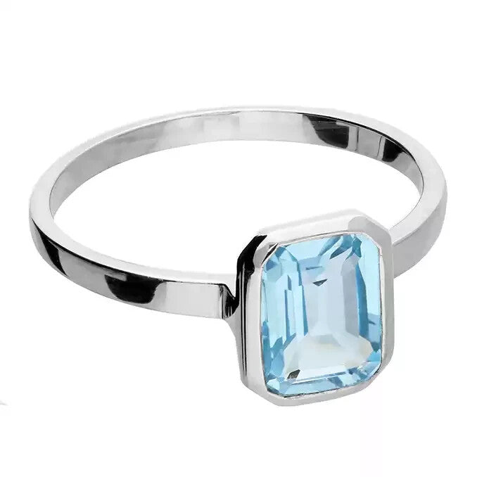 Solitaire Blue Topaz Ring Sterling Silver 925 Hallmarked British Made Size L - R