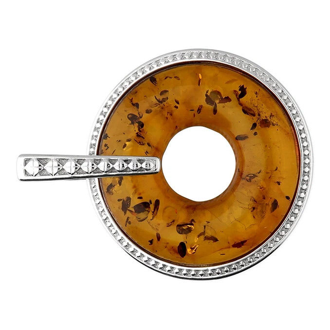 Doughnut Natural Amber Pendant Sterling Silver 925 Hallmarked All Chain Lengths