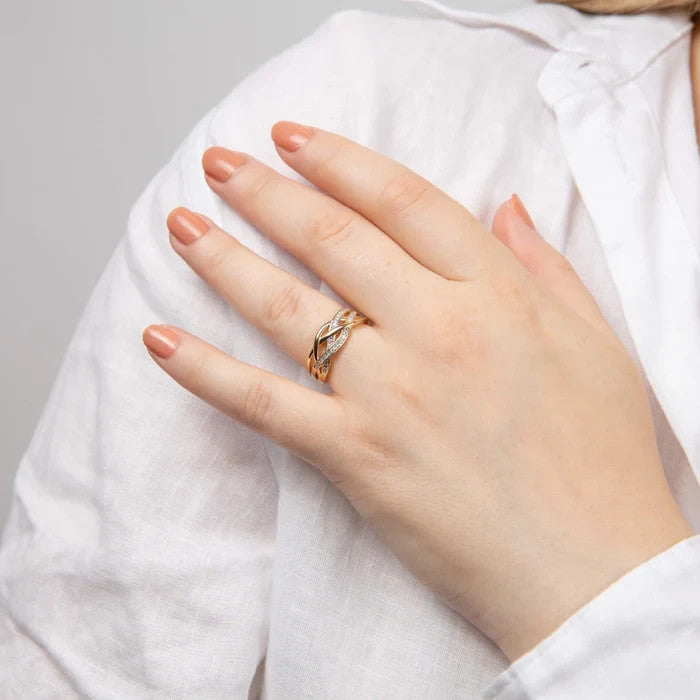 Plaited Ring with Pave Natural Diamonds in 9ct Yellow Gold 375 Hallmarked