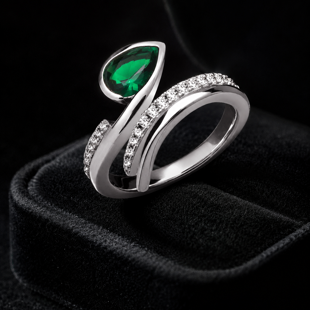 Waved Pear Emerald Ring Sterling Silver 925 Hallmarked Sizes I - T British Made