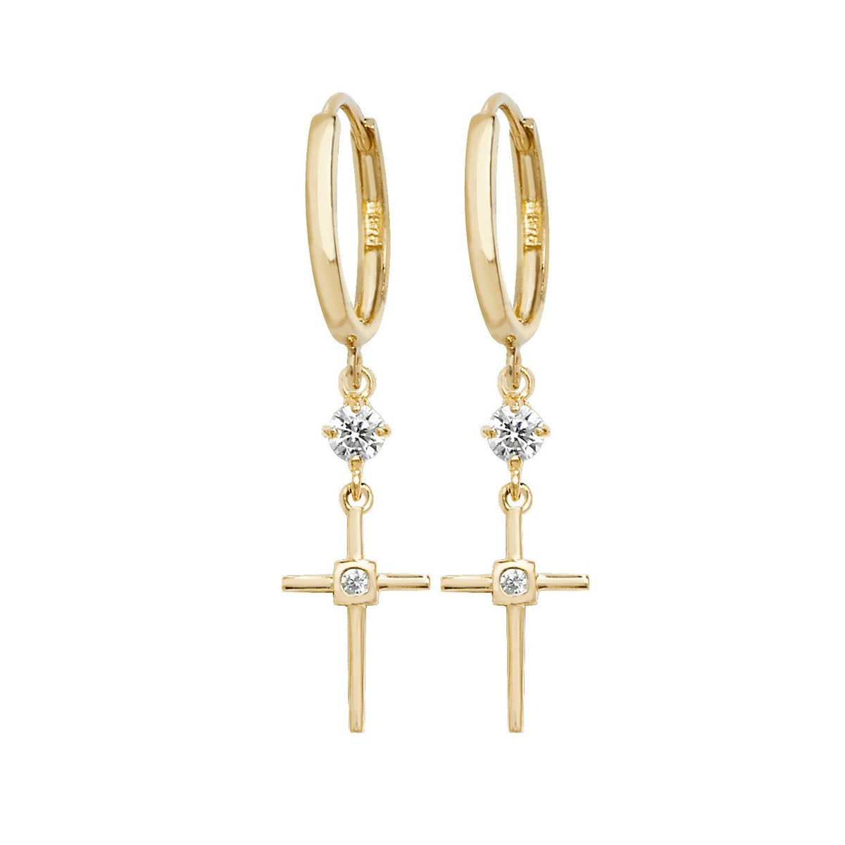 2 Stone Cross Drop Hoop Earrings 9ct Yellow Gold 375 Hallmarked Brand New Boxed