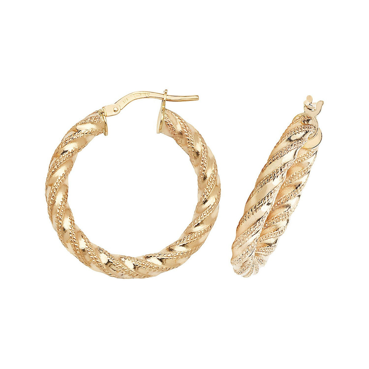 9ct Yellow Gold Diamond Cut Hoop Earrings 375 Hallmarked 10mm - 60mm Diameter