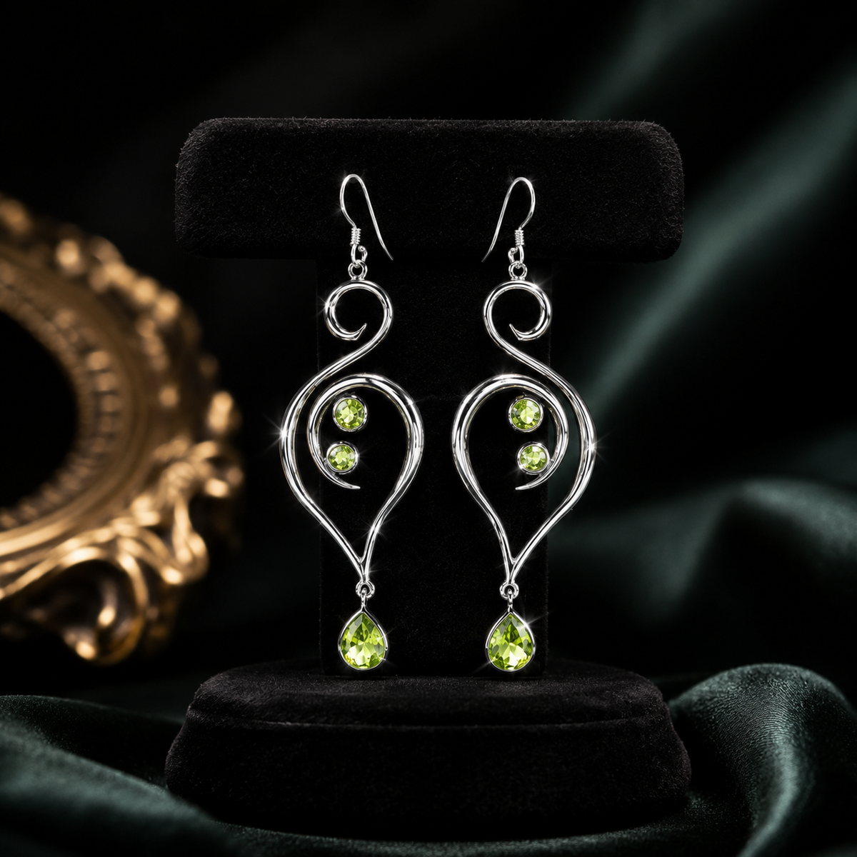 Natural Peridot Large Swirl Earrings Sterling Silver 925 Hallmarked British Made
