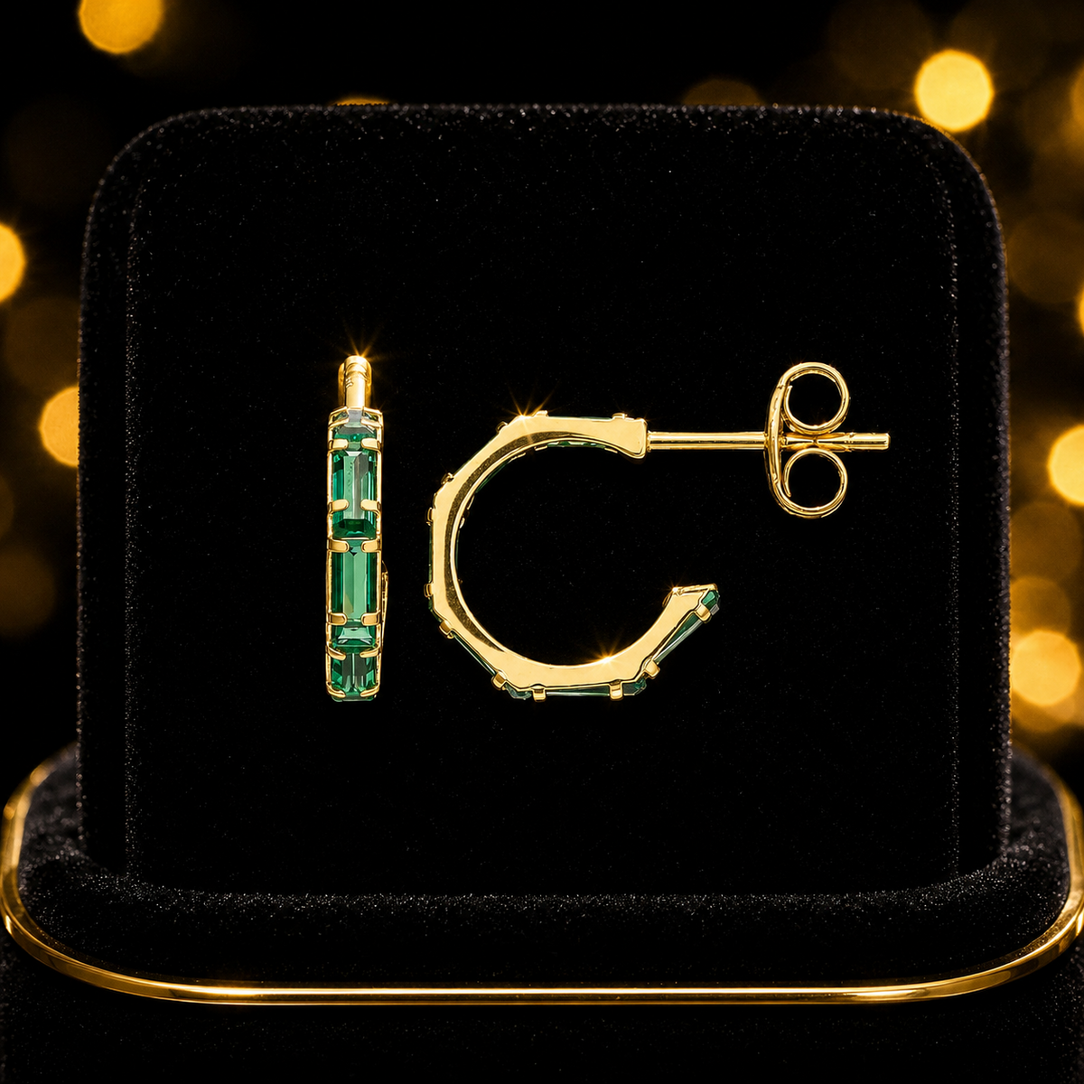 Natural Baguette Emerald Hoop Earrings 9ct Yellow Gold 375 Hallmarked Brand New